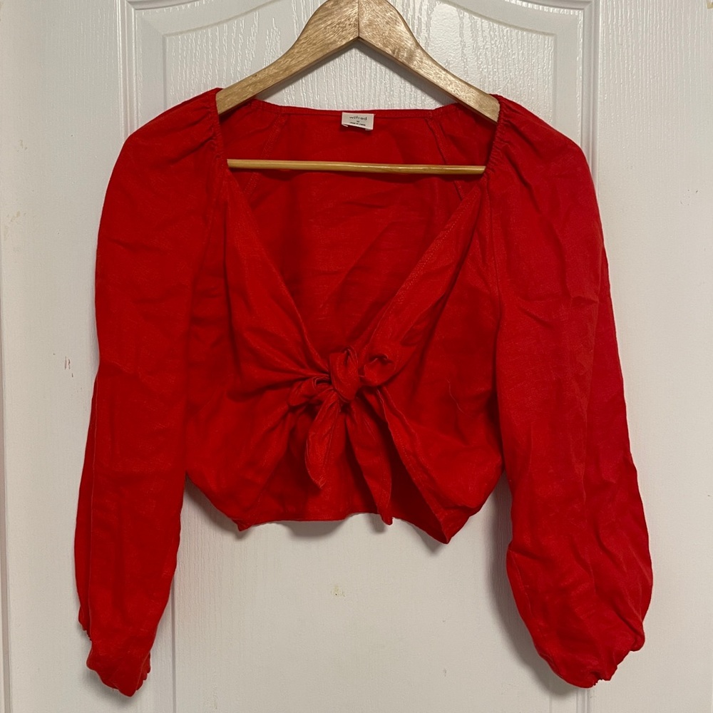 Aritzia Venus Linen Longsleeve Tie-Front Top
